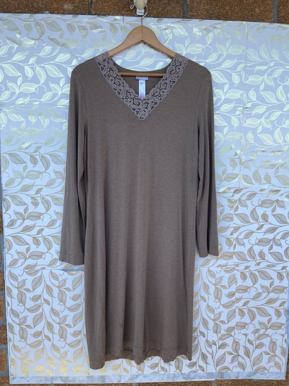 Hanro Luxury Lace Trim Sleep Dress | Minimalist Loungewear | Taupe M
